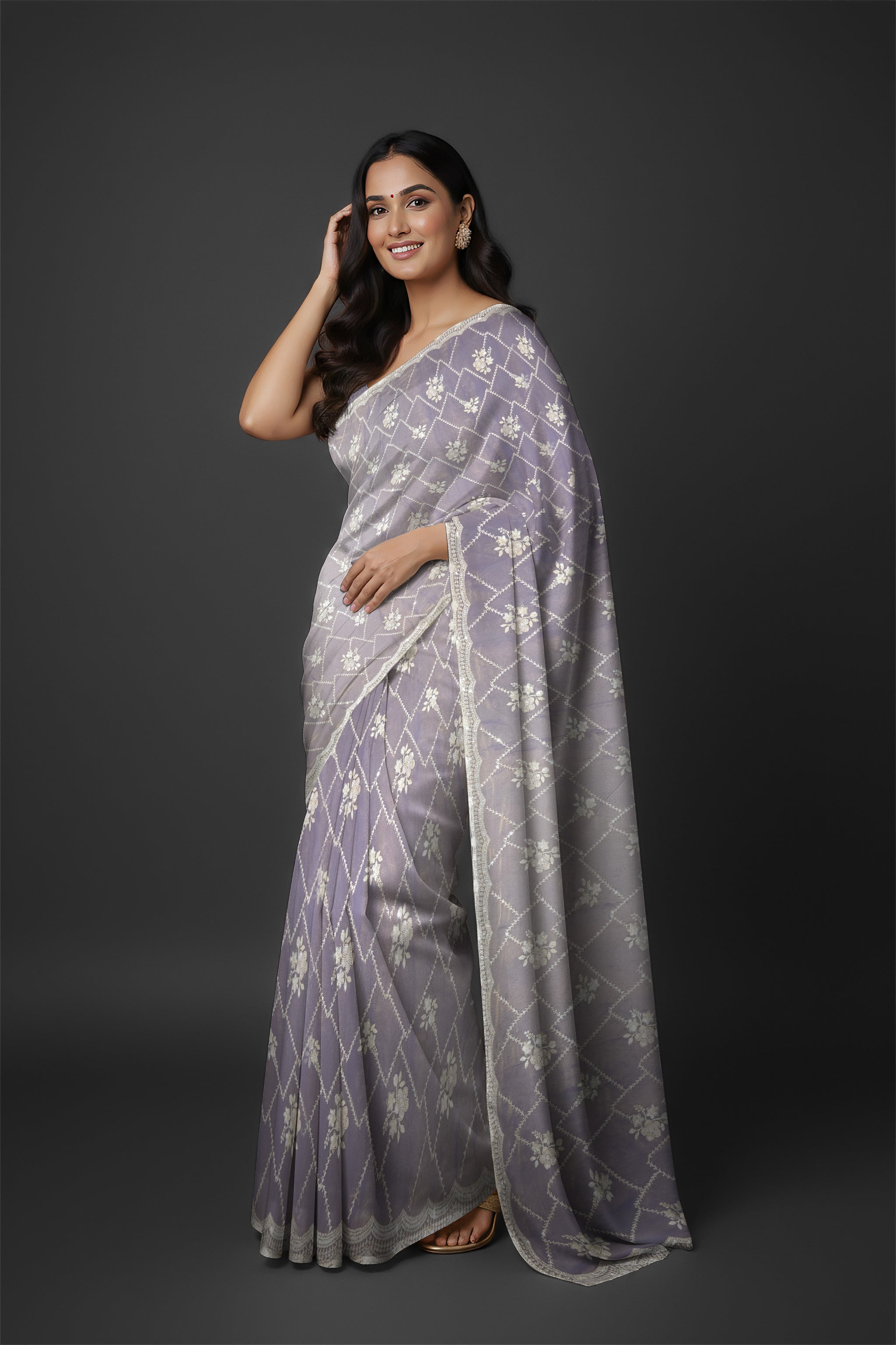 Rangeela Mist Grey Designer Saree with Elegant Floral Pattern
