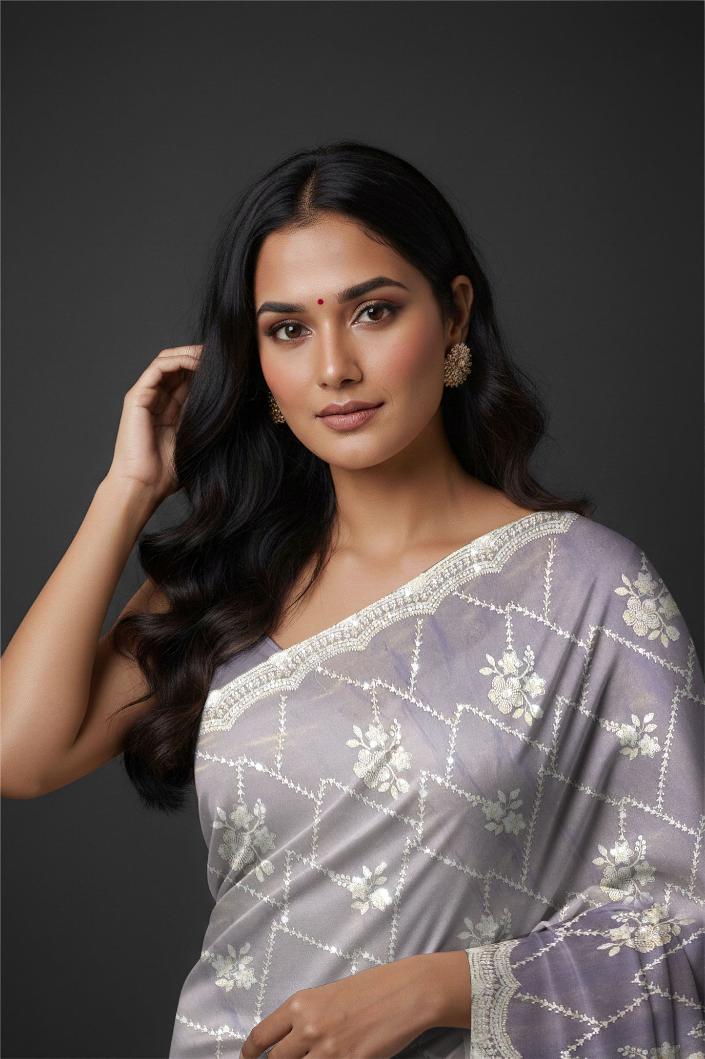 Rangeela Mist Grey Designer Saree with Elegant Floral Pattern