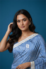 Rangeela Blue Ajrak Print Designer Saree with Traditional Ethnic Pattern