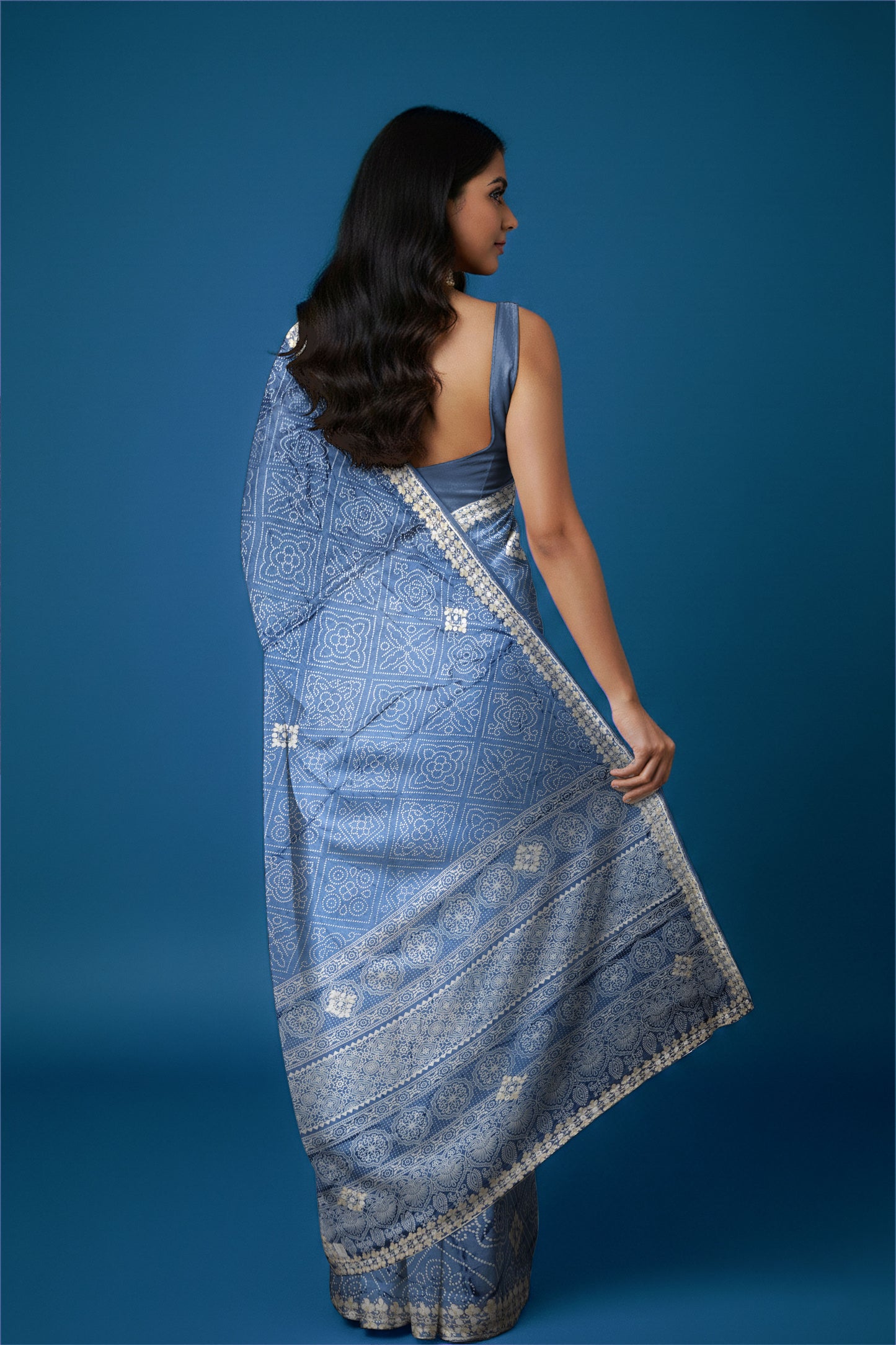 Rangeela Blue Ajrak Print Designer Saree with Traditional Ethnic Pattern