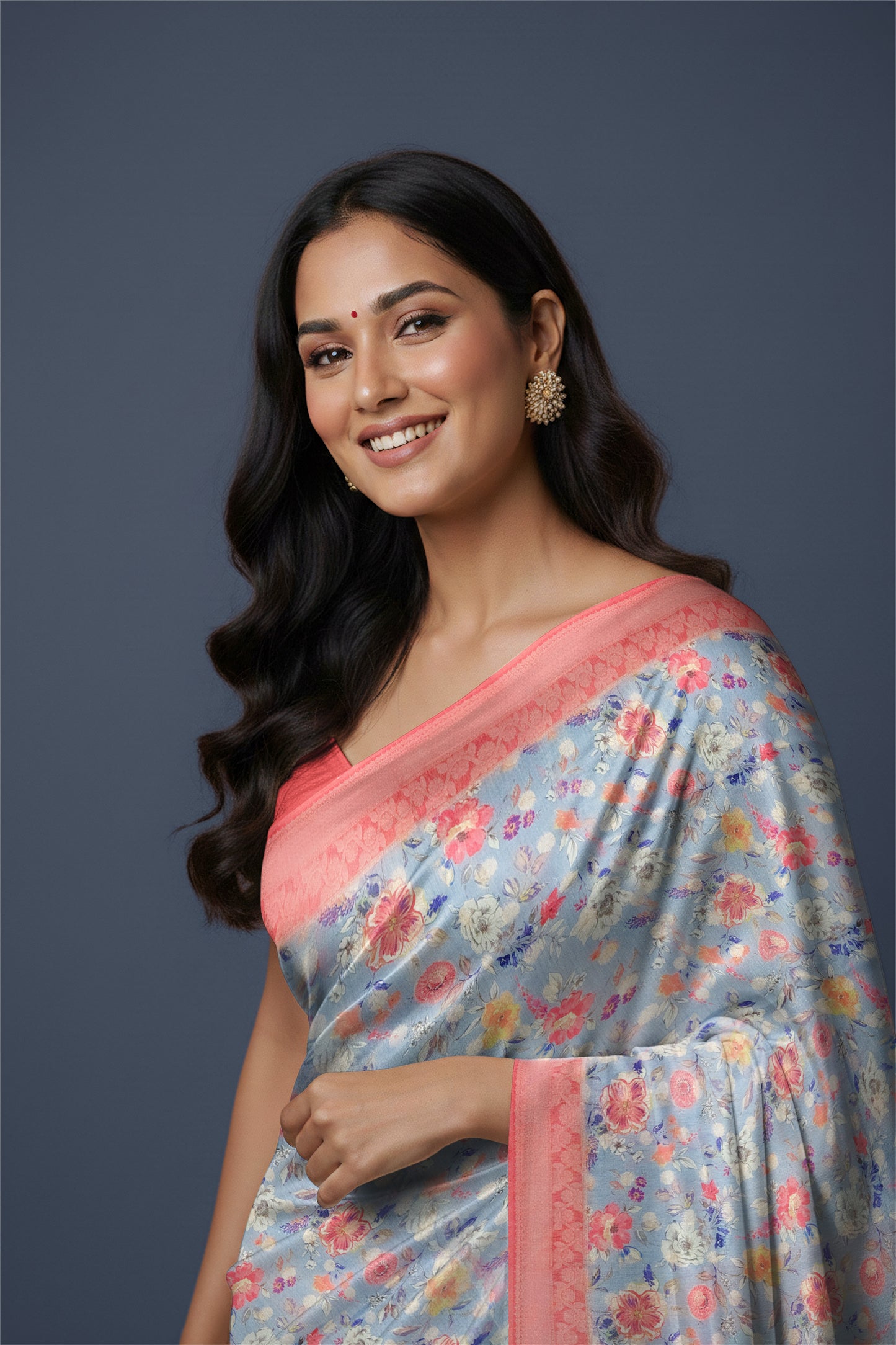 Rangeela – Sky Blue Floral Printed Designer Saree