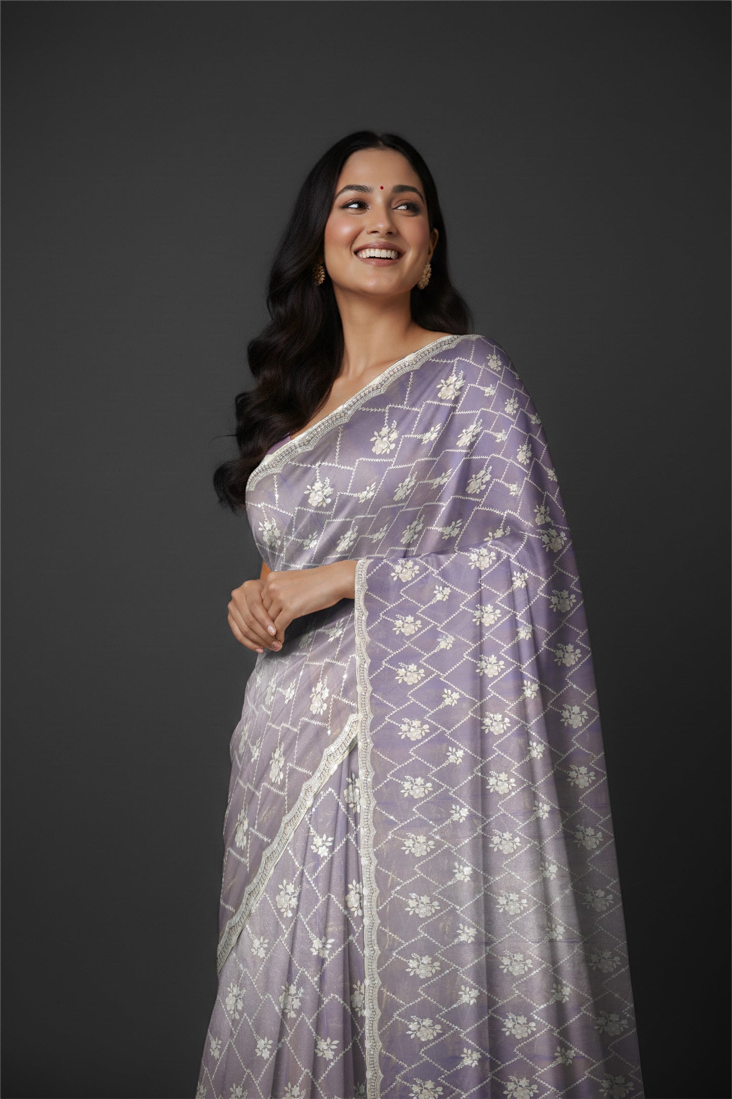 Rangeela Mist Grey Designer Saree with Elegant Floral Pattern
