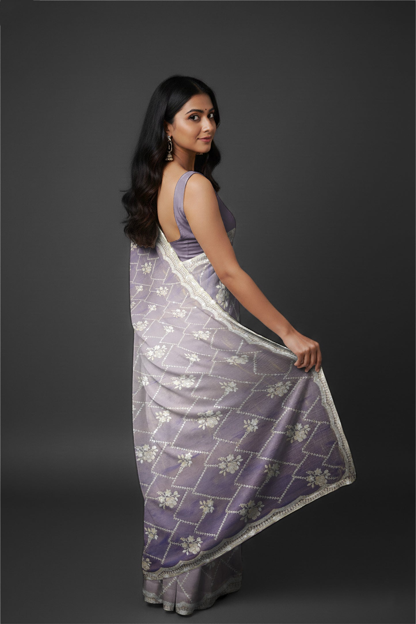 Rangeela Mist Grey Designer Saree with Elegant Floral Pattern